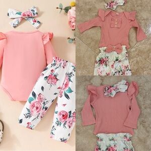 Pink Ruffled Baby Outfit with Floral Pants and Headband